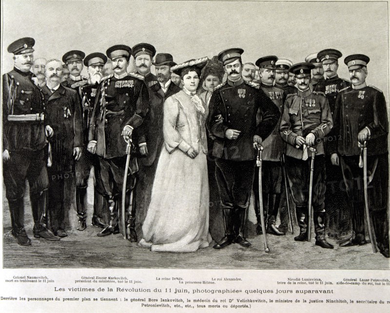 Victims of Serbian revolution on 11th of june, 1903,engraving of the Illustration, 1903 with Alex?