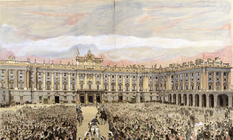 Check the king in the Royal Palace of Madrid', Alfonso XII, King of Spain (1857-1885), engraving ?