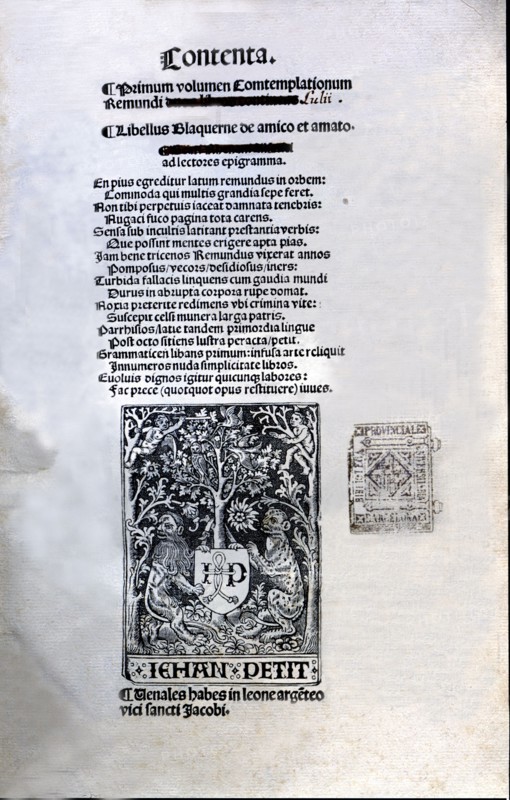 Cover of the Latin edition printed by Jean Petit in Paris in 1505, 'Libre d'Amic e d'Amat' (Song ?