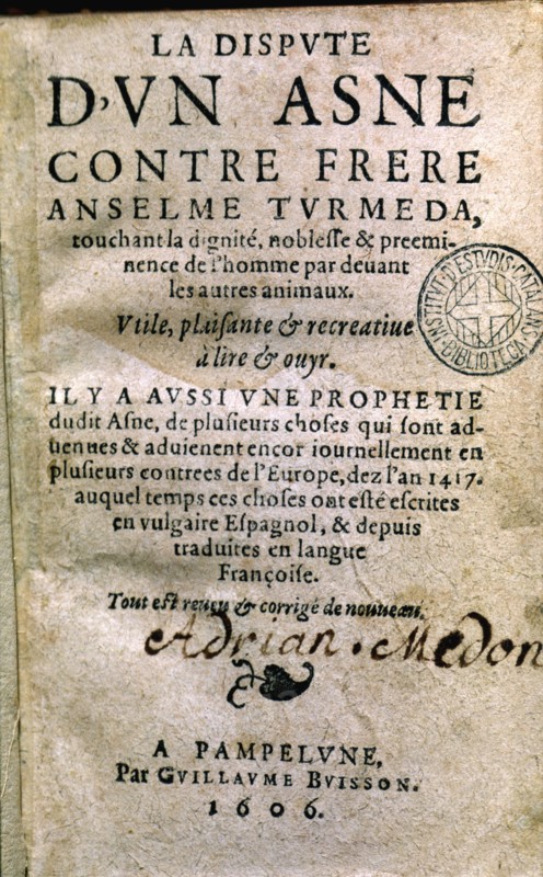 Cover of 'La Dispute d'un Asne contre frere Anselme Turmeda', printed edition in Pamplona (Navarr?