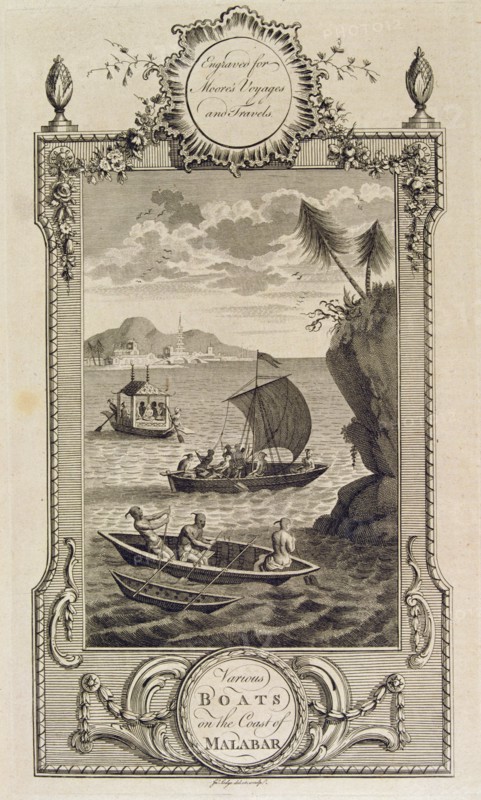 Boats on the Malabar coast, engraving in the work 'Voyages and Travels' by John Hamilton Moore.