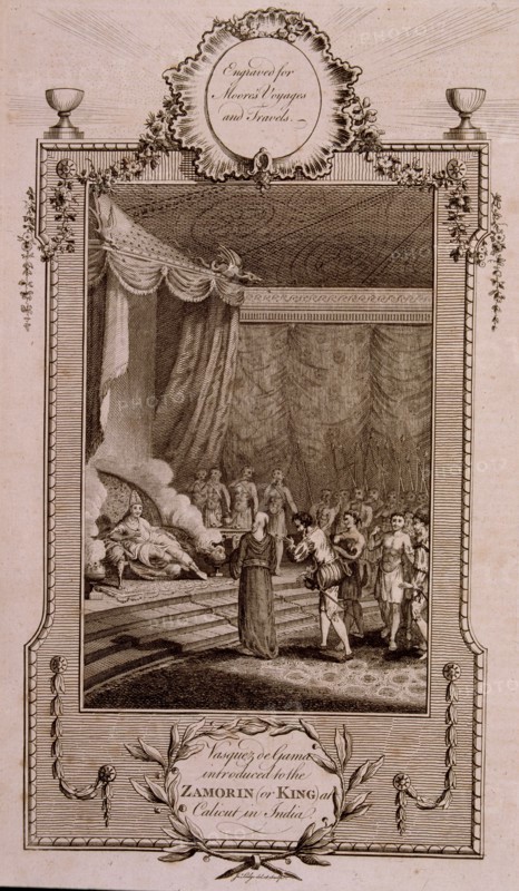 Vasco de Gama appearing before the Zamorin (or king) of Calicut, engraving in the work 'Voyages a?
