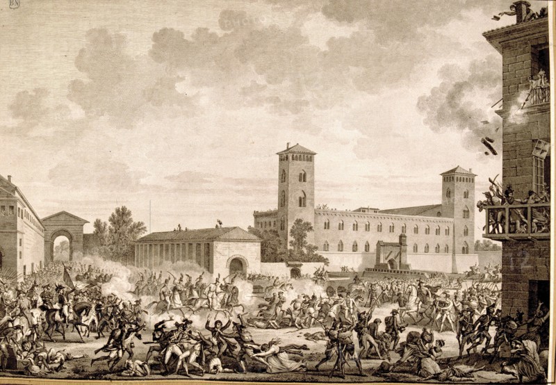 Riot of Pavia on 05/27/1796, engraving.