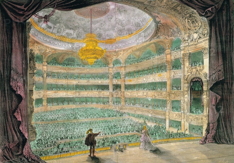 Opera of Paris, built between 1862-1875 by Charles Garnier, engraving depicting the inaugural fun?