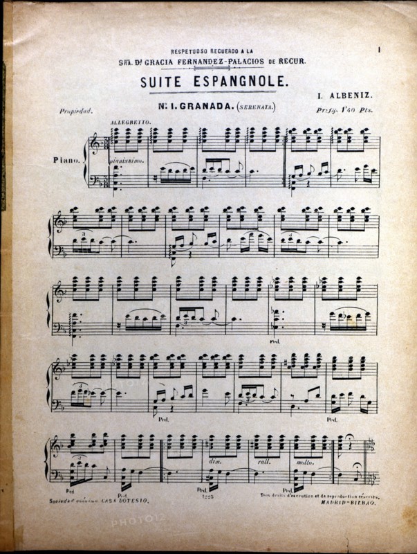 Page of the score 'Spanish Suite nº. 1 Granada' by Isaac Albéniz.