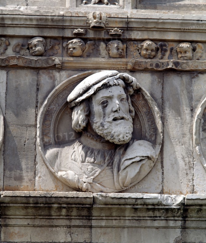 Medallion in stone on the facade of the old Hospital of San Marcos representing King Charles I of?