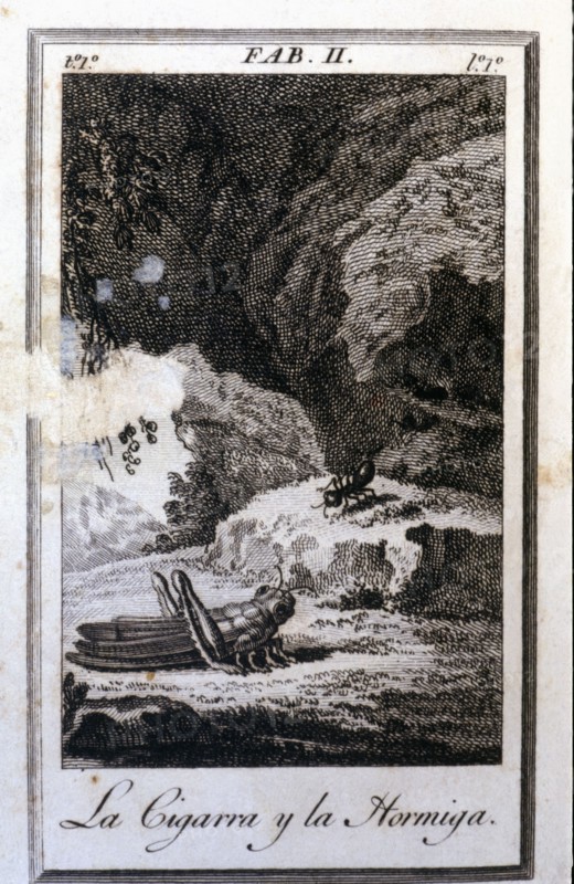 Illustration of the fable 'La cigarra y la hormiga' (The Cicada and the Ant) by Felix Maria de Sa?
