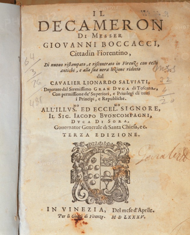 Cover of the Deccameron by Giovanni Boccaccio, published in Venice, 1635.