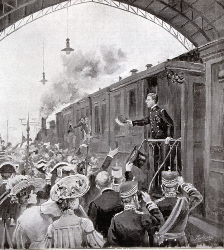 Engraving published in the magazine 'Spanish and American Ilustration' the 'Farewell to the King ?