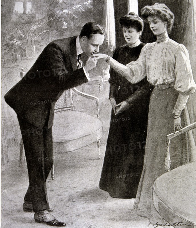 King Alfonso XIII of Spain (1886-1941) greet his fiancee Victoria Eugenia of Battenberg, engravin?
