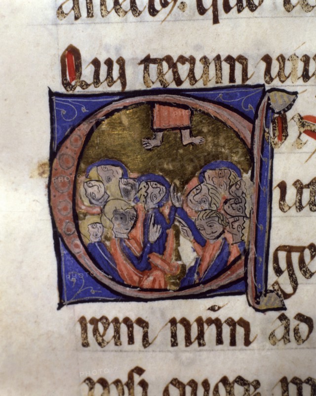 The Ascension of Jesus, illuminated capital letter from 'Episcopal Sacramentary of Elna'. Handwri?
