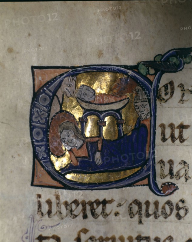 Nativity, illuminated capital letter in the 'Episcopal Sacramentary of Elna' manuscript on parchm?