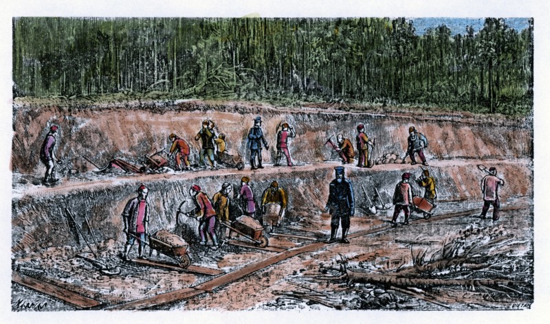Disassembling works by Chinese workers during the construction of the Trans-Siberian Railway, eng?