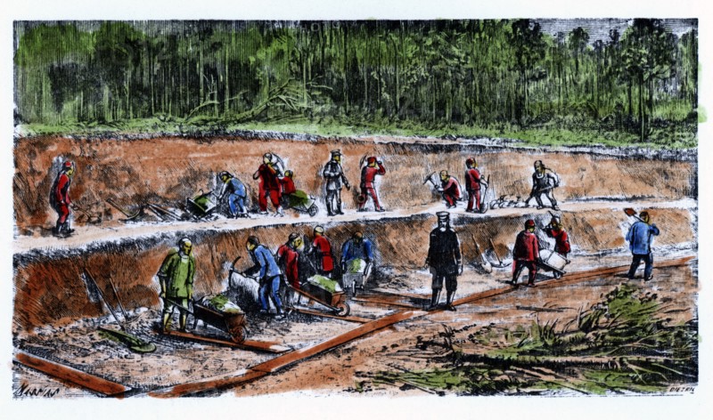 Disassembling works by Chinese workers during the construction of the Trans-Siberian Railway, eng?