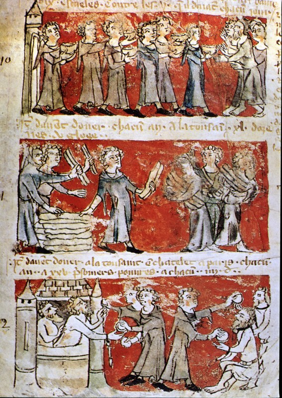 Scene of daily life at the College Hubaut of Paris (Sorbonne), 14th century miniature.