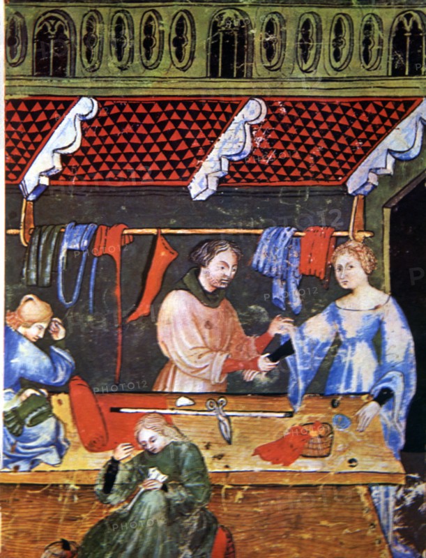 Tailoring. Miniature in 'Tacuinum sanitatis', illuminated manuscript of the late 14th century.