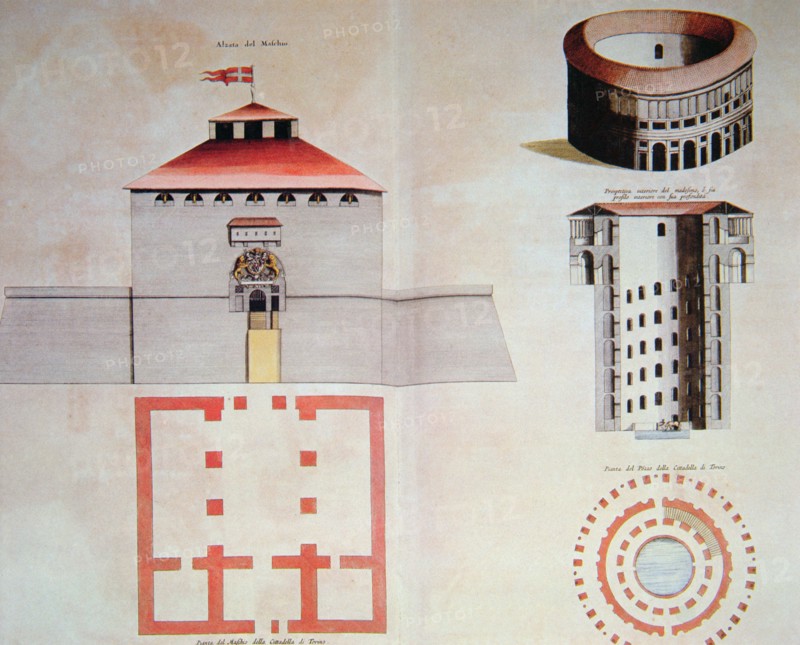 Drawing of the tower and the moat of the citadel of Turin, 1664.