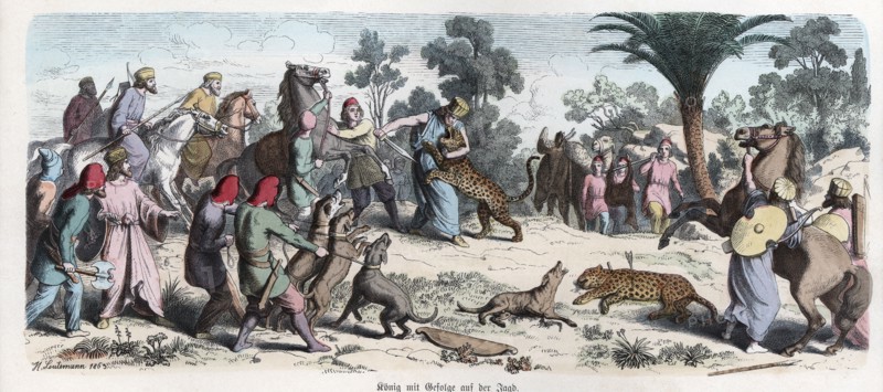 Ancient History. Persia. The Persian king and his entourage on a leopards hunting. German engravi?
