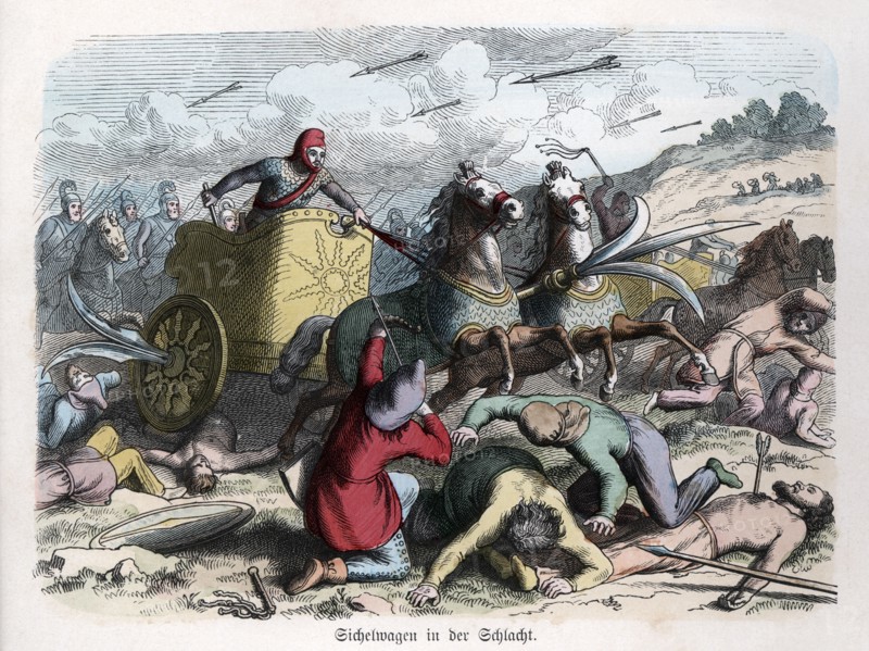 Ancient History. Persia. War chariot with sickles in their wheels. German engraving, 1865.