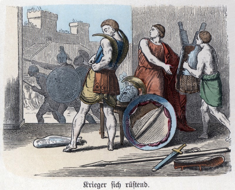Ancient History. Greece. Greek warriors arming themselves for war. German engraving, 1865.