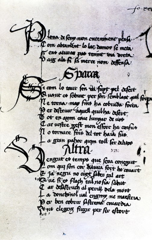 Manuscript by Ausias March, folio XXIX, XXVIII poems, Gothic writing with ornamented initials wit?