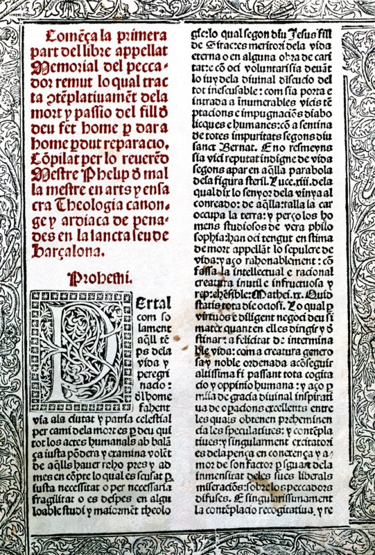 Memorial of remut sinner' incunabula (Barcelona 1495), cover of the first part (prohemi).