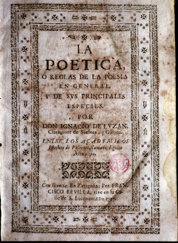 Cover of the first edition of 'La poética' (The Poetics) by Ignacio de Luzán, printed in Zaragoza?