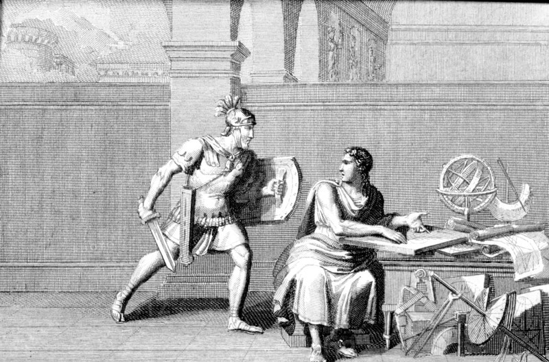 Death of Archimedes, killed by a Roman soldier during the assault on Syracuse, engraving of 1830,?