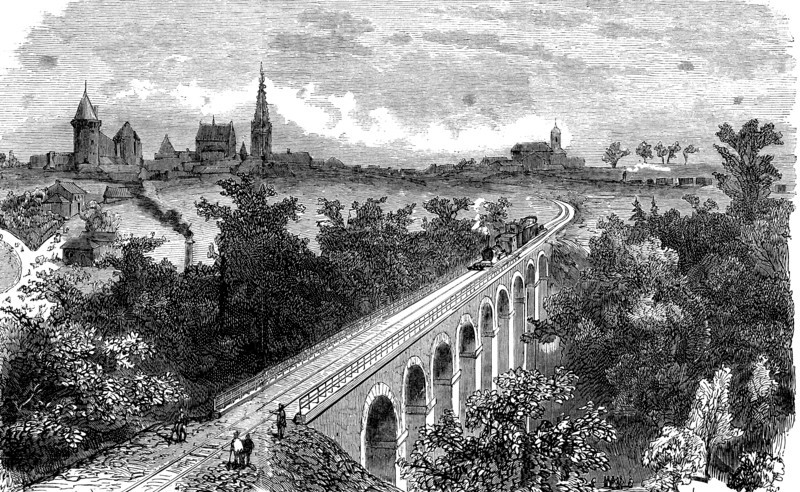 Railway line from Vitré to Fougères. Pass of a steam train by the viaduct on the Vilaine near Vit?
