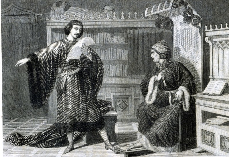 Ausias March (1397-1459), engraving of 1864, reading his poems to the Prince of Viana.
