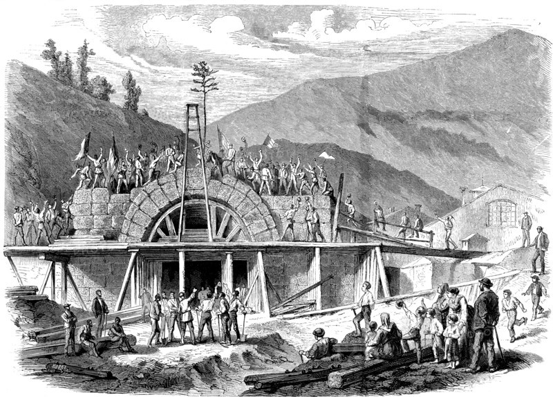 The opening of the Alps, placing the last stone in the Mont - Genís entrance tunnel between Franc?