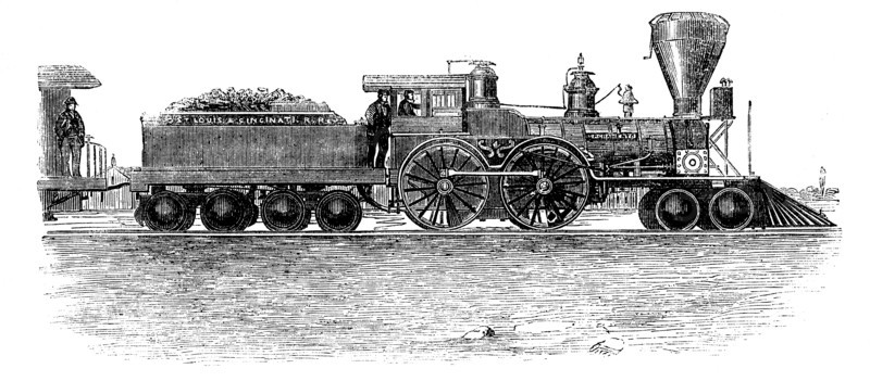 Train machine in the line from Ohio to Mississippi, engraving, 1858.