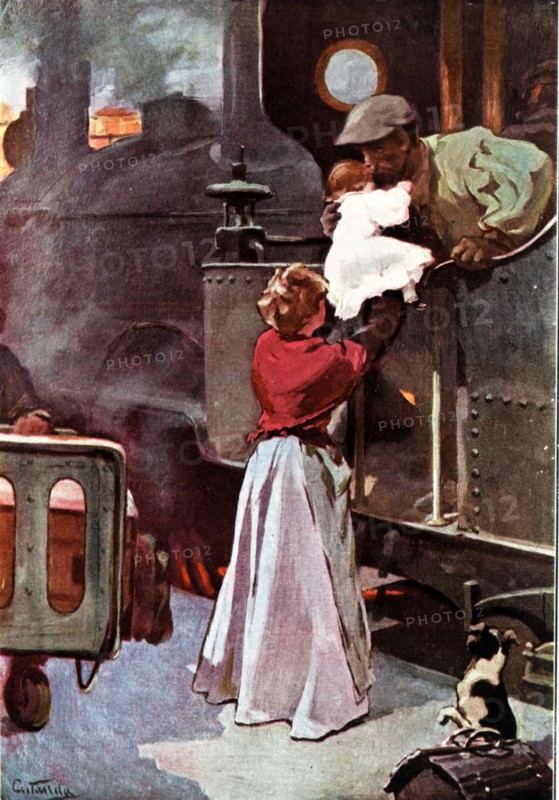 The engineer's goodbye in the train station of Madrid, drawing by Vicente Cutanda.