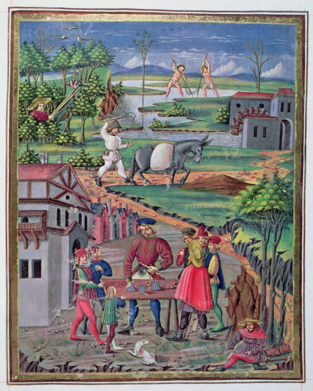 Country Life and hand games, Illustration in 'De Sphera', illuminated manuscript, 15th century.