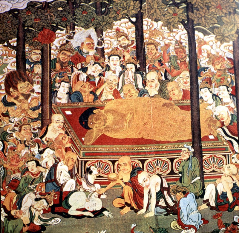 Buddha on his deathbed surrounded by his disciples and animals expressing their pain. Painting, c?
