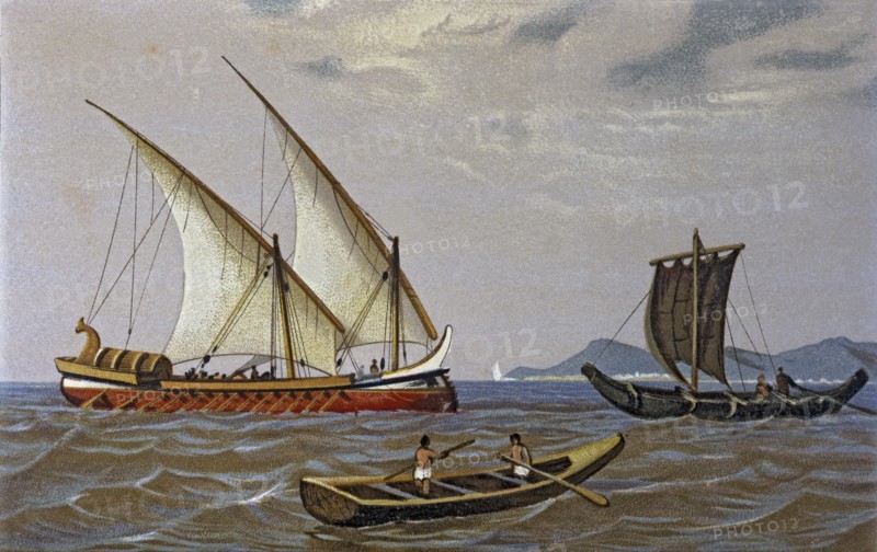 Phoenician trade ship and fishing boats, lithograph, 1875.