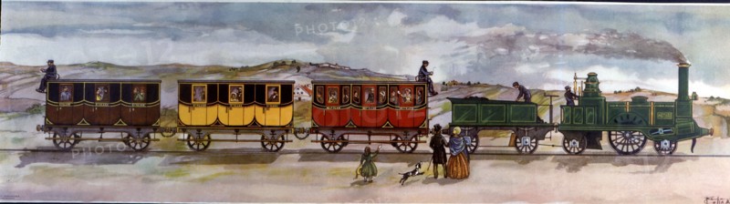 Coloured drawing of the train between Barcelona and Mataró, the first train to circulate in Spain?