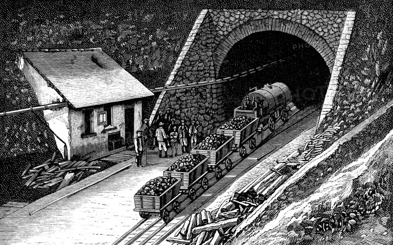 Railway entering the Saint - Gothard tunnel, in the Swiss Alps, engraving 1877.