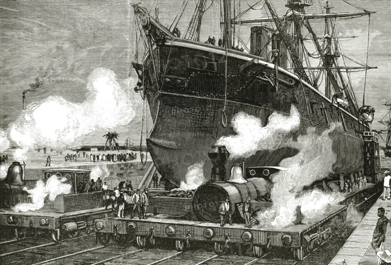 Railway towing a boat across the Isthmus of Panama, engraving 1881.