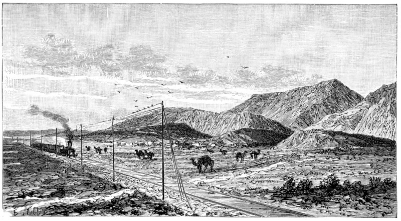 Overview Trans-Caspian railroad near the Kopet - Dagh Mounts, engraving, 1895.
