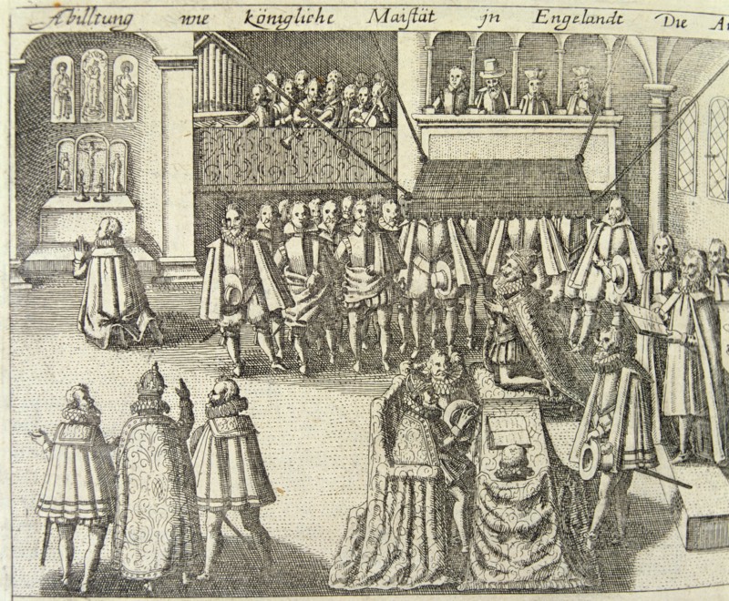 A session of the British Parliament in 1623, engraving.
