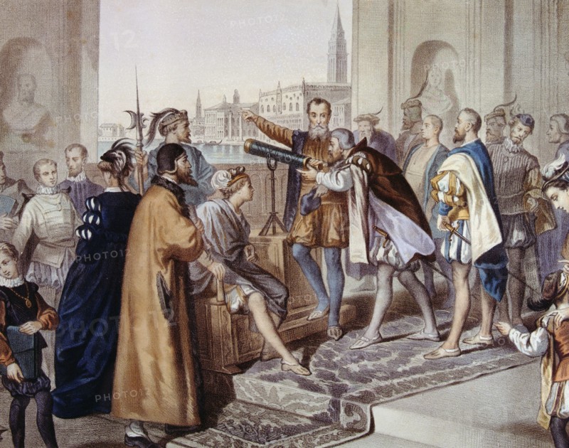 Galileo Galilei (1564 - 1642), Italian astronomer and physicist showing his invention of the tele?