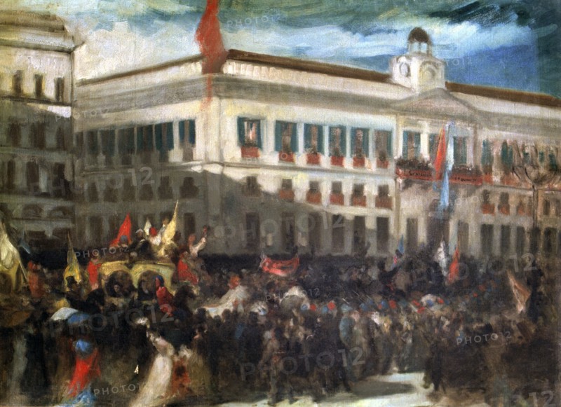 Popular demonstration in Madrid in Puerta del Sol during the revolution of 1868.