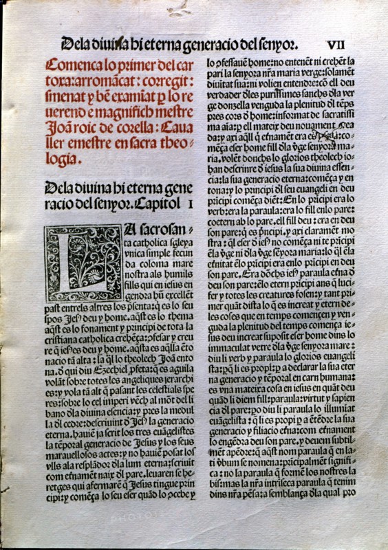 Page of the work 'Lo primer del Cartoixa' (The first of the Cartoixa) by Joan Rois de Corella, pr?
