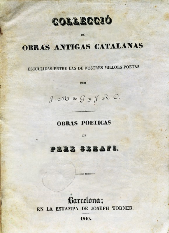 Cover of the book 'Poetic Works (Book first of loves)' by Pere Serafí, printed in Barcelona in 18?