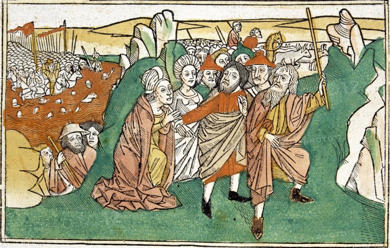 Moses in the Red Sea, scene in the Bible of Nuremberg, written in German, 1483.