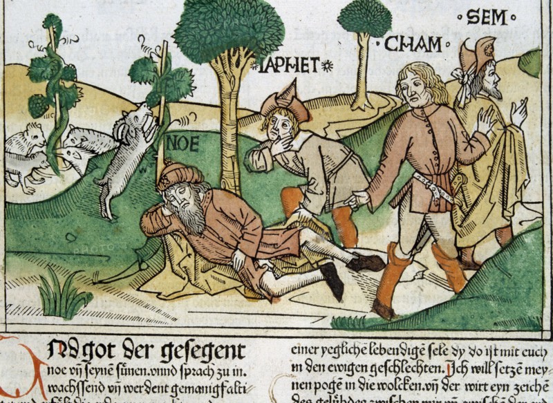 Noah and his sons, scene in the Bible of Nuremberg written in German, 1483.