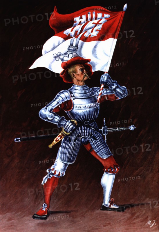 Flag bearer from the canton of Unterwald, c. 1510. Color engraving from 1943, published by Editio?