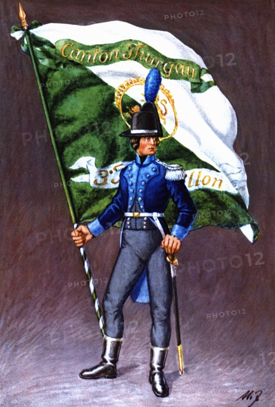 Flag bearer from the canton of Thurgovie, c. 1805. Color engraving from 1943, published by Editio?
