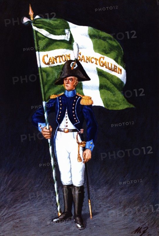 Flag bearer from the canton of Saint-Gall, c. 1804. Color engraving from 1943, published by Editi?